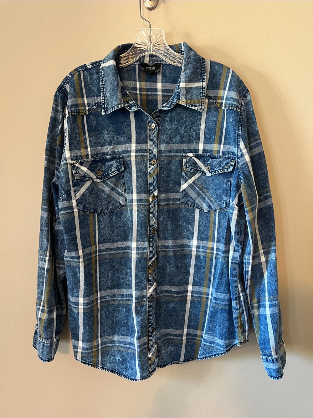 Plaid Denim-Look Button Down Shirt in Blue